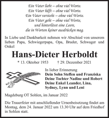 Traueranzeige von Hans-Dieter Herboldt  von Magdeburger Volksstimme