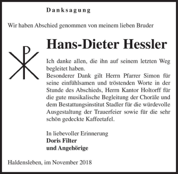 Traueranzeige von Hans-Dieter Hessler  von Magdeburger Volksstimme