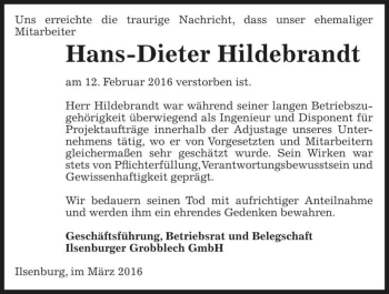 Traueranzeige von Hans-Dieter Hildebrandt  von Magdeburger Volksstimme