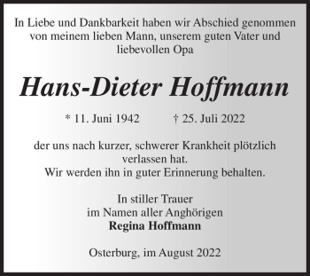 Traueranzeige von Hans-Dieter Hoffmann  von Magdeburger Volksstimme