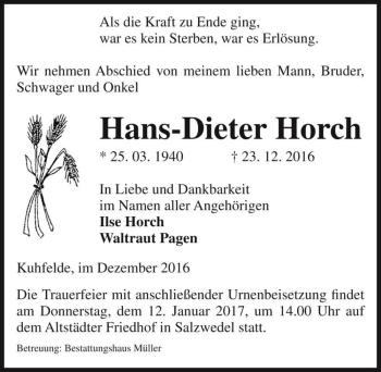 Traueranzeige von Hans-Dieter Horch  von Magdeburger Volksstimme