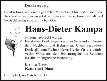 Traueranzeige von Hans-Dieter Kampa  von Magdeburger Volksstimme