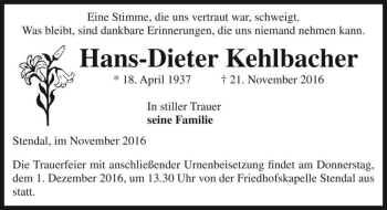 Traueranzeige von Hans-Dieter Kehlbacher  von Magdeburger Volksstimme