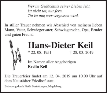 Traueranzeige von Hans-Dieter Keil  von Magdeburger Volksstimme