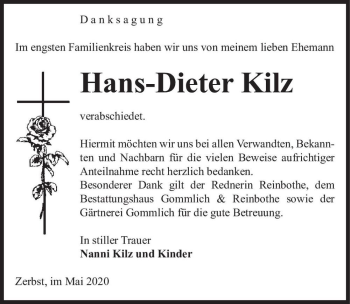 Traueranzeige von Hans-Dieter Kilz  von Magdeburger Volksstimme