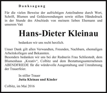 Traueranzeige von Hans-Dieter Kleinau  von Magdeburger Volksstimme