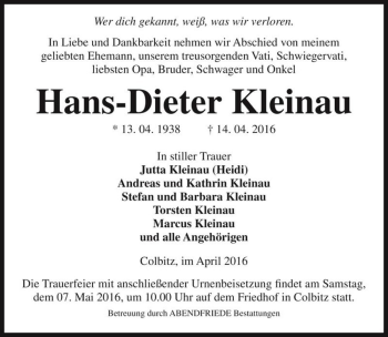 Traueranzeige von Hans-Dieter Kleinau  von Magdeburger Volksstimme