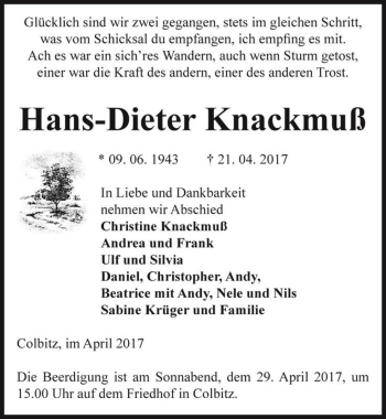 Traueranzeige von Hans-Dieter Knackmuß  von Magdeburger Volksstimme