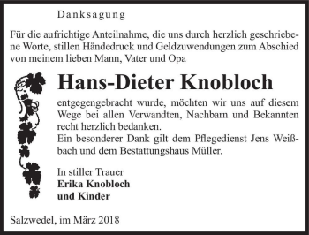 Traueranzeige von Hans-Dieter Knobloch  von Magdeburger Volksstimme