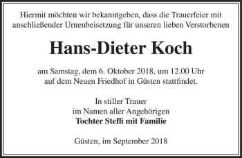 Traueranzeige von Hans-Dieter Koch  von Magdeburger Volksstimme