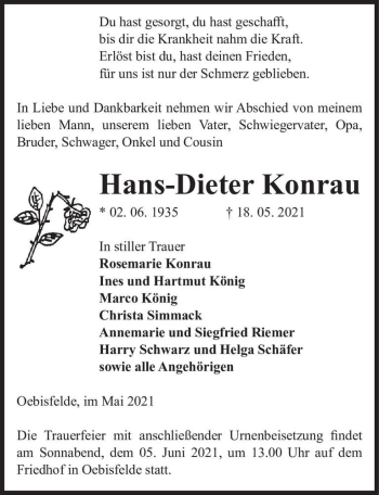 Traueranzeige von Hans-Dieter Konrau  von Magdeburger Volksstimme
