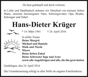 Traueranzeige von Hans-Dieter Krüger  von Magdeburger Volksstimme