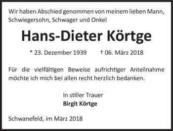 Traueranzeige von Hans-Dieter Körtge  von Magdeburger Volksstimme