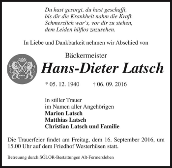 Traueranzeige von Hans-Dieter Latsch  von Magdeburger Volksstimme