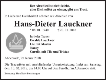 Traueranzeige von Hans-Dieter Lauckner  von Magdeburger Volksstimme