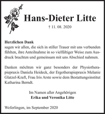 Traueranzeige von Hans-Dieter Litte  von Magdeburger Volksstimme