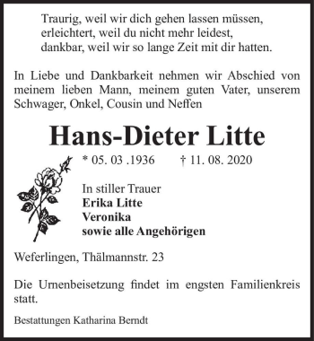 Traueranzeige von Hans-Dieter Litte  von Magdeburger Volksstimme