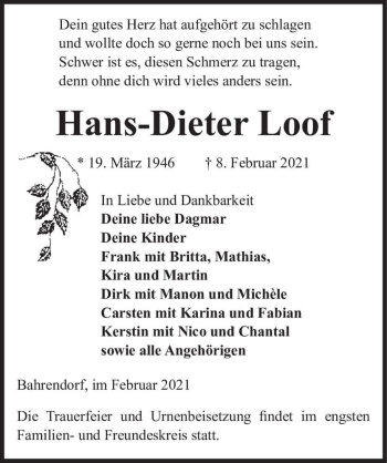 Traueranzeige von Hans-Dieter Loof  von Magdeburger Volksstimme