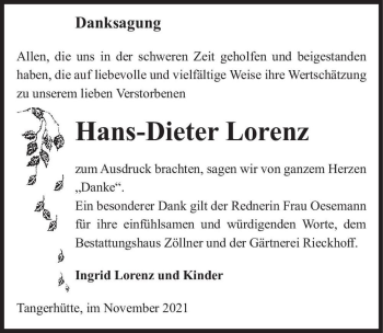 Traueranzeige von Hans-Dieter Lorenz  von Magdeburger Volksstimme