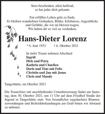 Traueranzeige von Hans-Dieter Lorenz  von Magdeburger Volksstimme