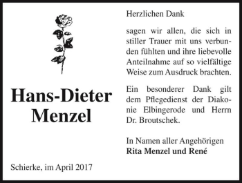 Traueranzeige von Hans-Dieter Menzel  von Magdeburger Volksstimme