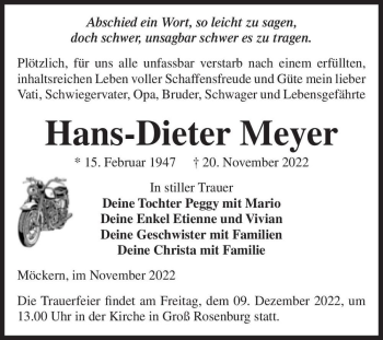 Traueranzeige von Hans-Dieter Meyer  von Magdeburger Volksstimme
