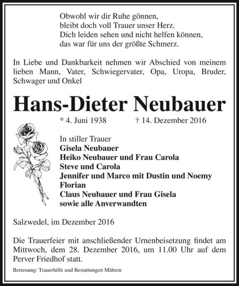  Traueranzeige für Hans-Dieter Neubauer  vom 16.12.2016 aus Magdeburger Volksstimme