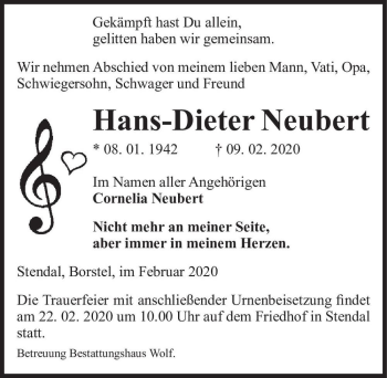 Traueranzeige von Hans-Dieter Neubert  von Magdeburger Volksstimme