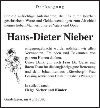 Traueranzeige von Hans-Dieter Nieber  von Magdeburger Volksstimme