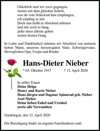 Traueranzeige von Hans-Dieter Nieber  von Magdeburger Volksstimme