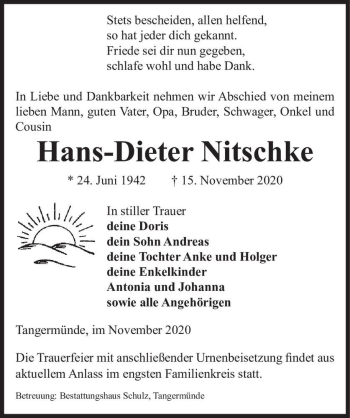 Traueranzeige von Hans-Dieter Nitschke  von Magdeburger Volksstimme