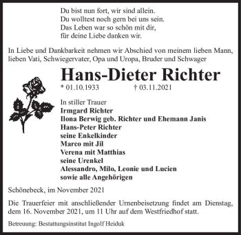 Traueranzeige von Hans-Dieter Richter  von Magdeburger Volksstimme