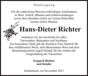 Traueranzeige von Hans-Dieter Richter  von Magdeburger Volksstimme