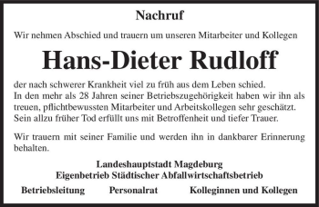 Traueranzeige von Hans-Dieter Rudloff  von Magdeburger Volksstimme