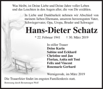 Traueranzeige von Hans-Dieter Schatz  von Magdeburger Volksstimme