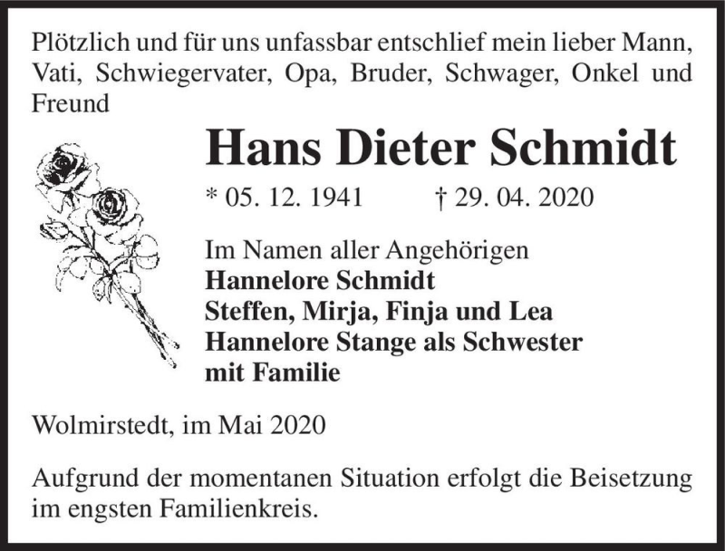  Traueranzeige für Hans-Dieter Schmidt  vom 09.05.2020 aus Magdeburger Volksstimme