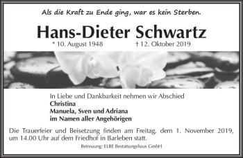 Traueranzeige von Hans-Dieter Schwartz  von Magdeburger Volksstimme