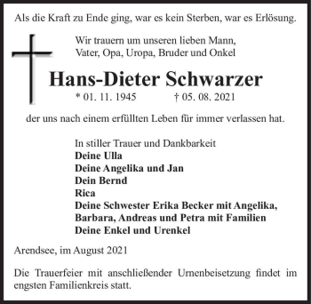Traueranzeige von Hans-Dieter Schwarzer  von Magdeburger Volksstimme