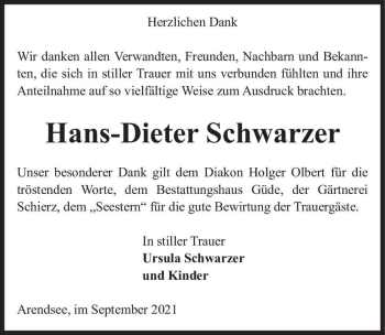 Traueranzeige von Hans-Dieter Schwarzer  von Magdeburger Volksstimme