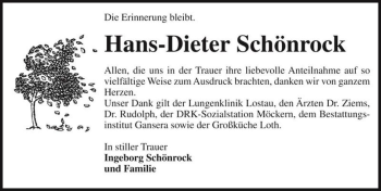 Traueranzeige von Hans-Dieter Schönrock  von Magdeburger Volksstimme