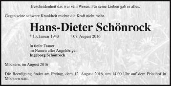 Traueranzeige von Hans-Dieter Schönrock  von Magdeburger Volksstimme