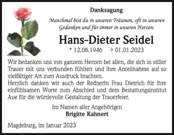 Traueranzeige von Hans-Dieter Seidel  von Magdeburger Volksstimme