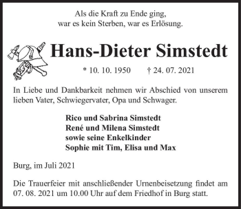 Traueranzeige von Hans-Dieter Simstedt  von Magdeburger Volksstimme