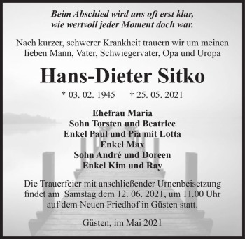 Traueranzeige von Hans-Dieter Sitko  von Magdeburger Volksstimme