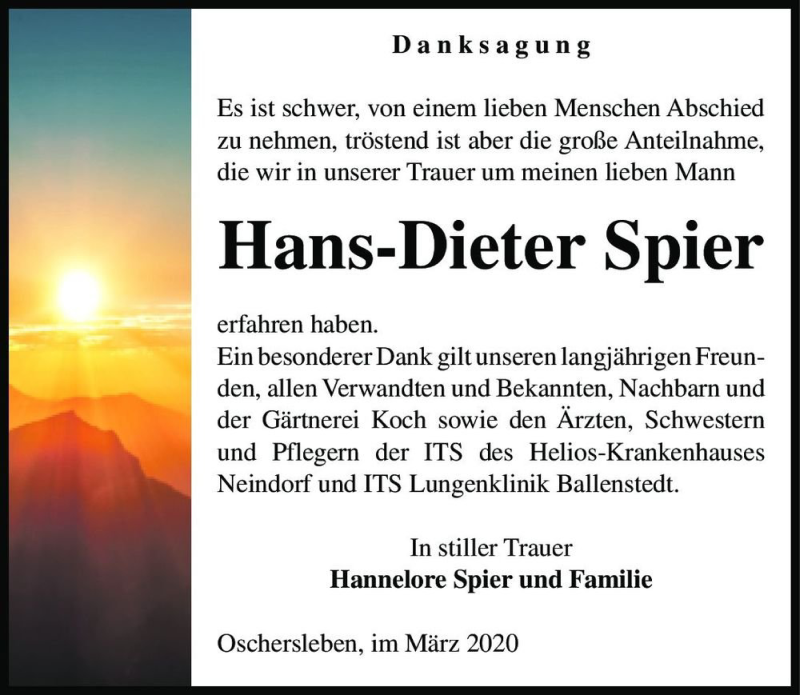  Traueranzeige für Hans-Dieter Spier  vom 21.03.2020 aus Magdeburger Volksstimme