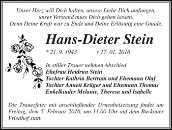 Traueranzeige von Hans-Dieter Stein  von Magdeburger Volksstimme