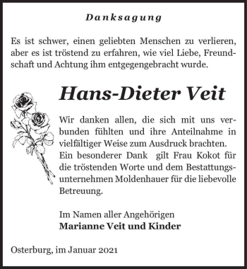 Traueranzeige von Hans-Dieter Veit  von Magdeburger Volksstimme