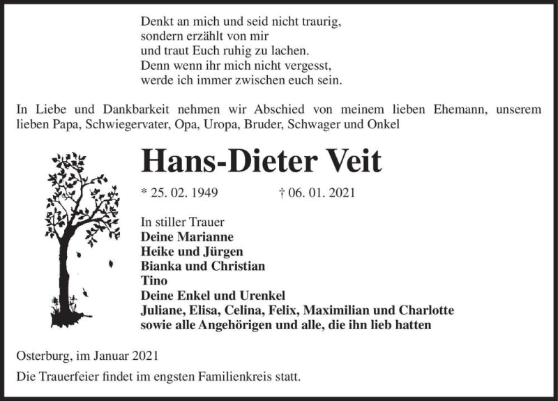  Traueranzeige für Hans-Dieter Veit  vom 09.01.2021 aus Magdeburger Volksstimme
