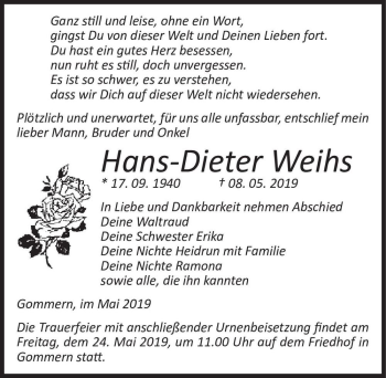 Traueranzeige von Hans-Dieter Weihs  von Magdeburger Volksstimme