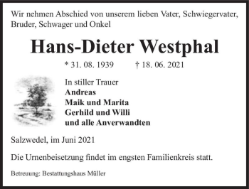 Traueranzeige von Hans-Dieter Westphal  von Magdeburger Volksstimme